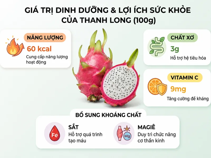 Giá trị dinh dưỡng của thanh long gồm nước, chất xơ, vitamin và nhiều khoáng chất cần thiết cho cơ thể.