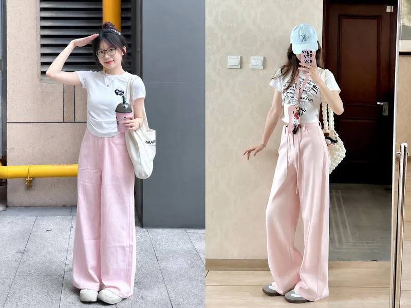 Quần hồng phối áo trắng tạo vẻ ngoài sáng sủa, thanh lịch và dễ ứng dụng trong nhiều hoàn cảnh