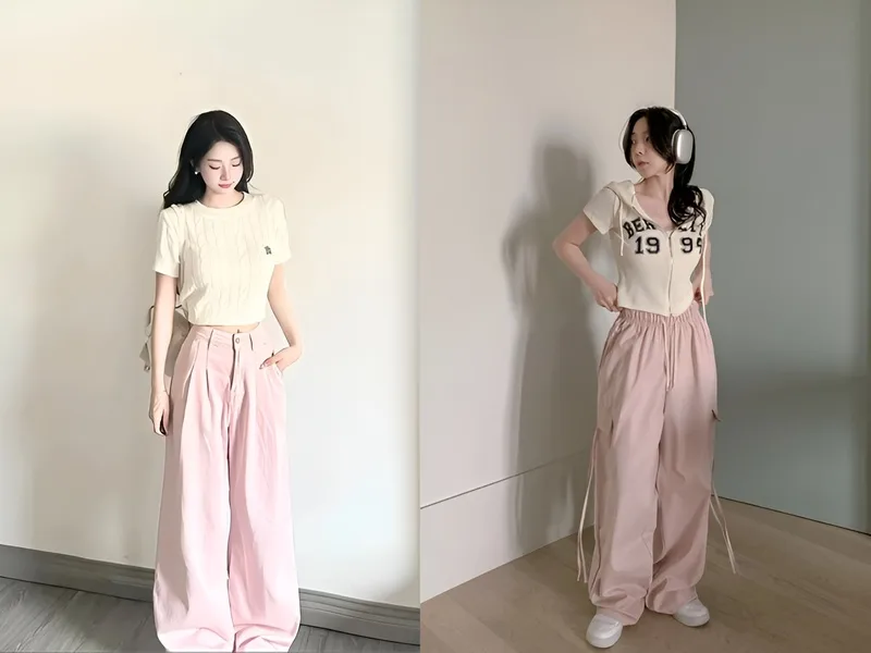 Quần hồng pastel hoặc hồng đất kết hợp áo be, kem tạo tổng thể tối giản, mềm mại và sang trọng