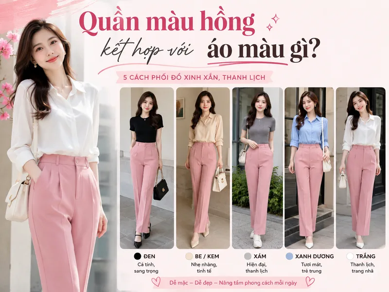 Quần hồng có thể phối cùng trắng, đen, be, kem, xám hoặc xanh tùy sắc độ và phong cách